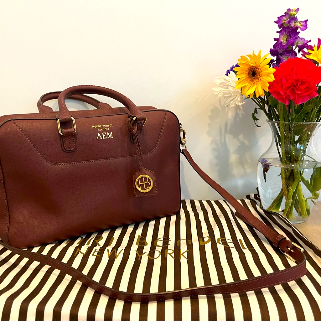 Henri Bendel Maroon Saffiano Leather Briefcase Bag.